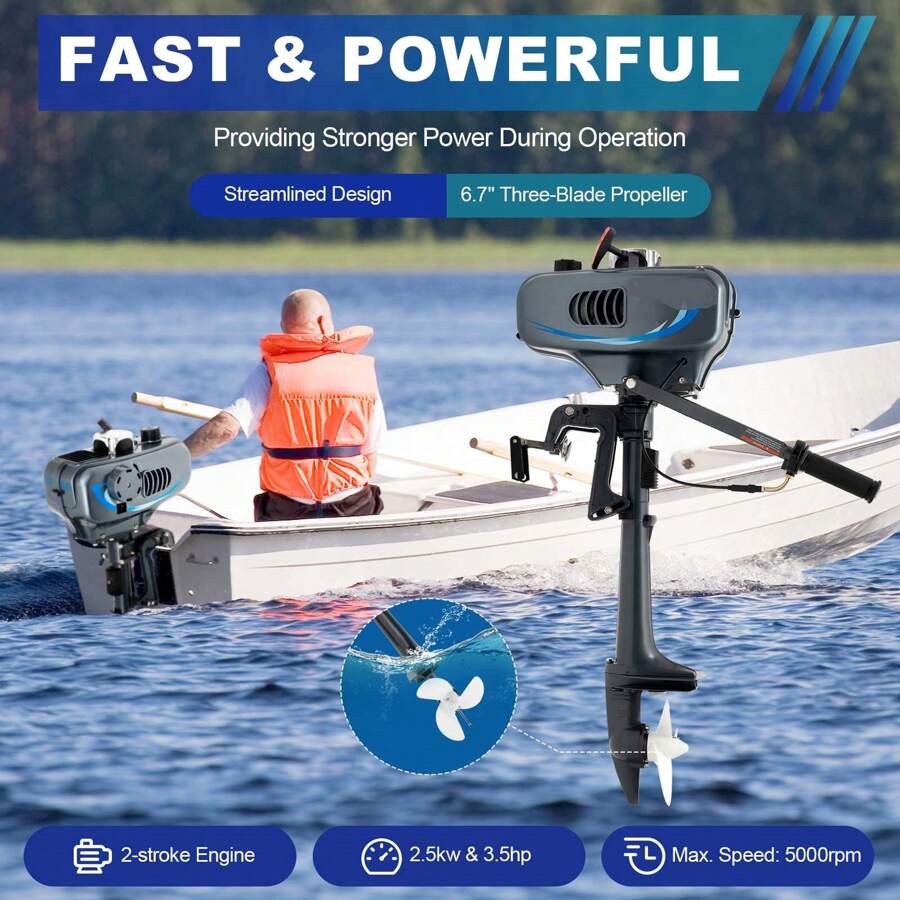 Heavy Duty 3.5HP 2 Stroke Outboard Engine Motor Boat Engine Water Cooling System Outboard Motor Inflatable Fishing Boat 3.5 HP 2Stroke Engine Water Cooling CDI - Black - View 1