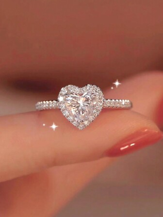 1pc 925 Sterling Silver Heart Shaped Zirconia Wedding Ring, Unique Personalized Sexy Big Heart Finger Ring