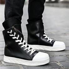 High-Top Leather Boots, Men's Round Toe Mid-Calf Casual Cargo Boots, Fashion Combat Boots, Platform Lace-Up Retro Boots - White and Black - View 6