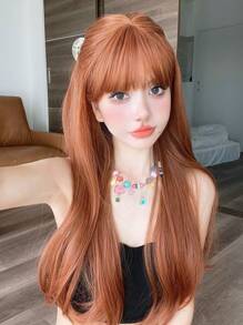 1 件时尚优雅的女士波浪合成假发。耐热波浪发，脏橙色假发，带刘海，26 英寸长，由纤维制成，适合日常使用，外观自然饱满，配有舒适的玫瑰网帽。- 易于佩戴和携带 - 臟橘色 - 查看 5