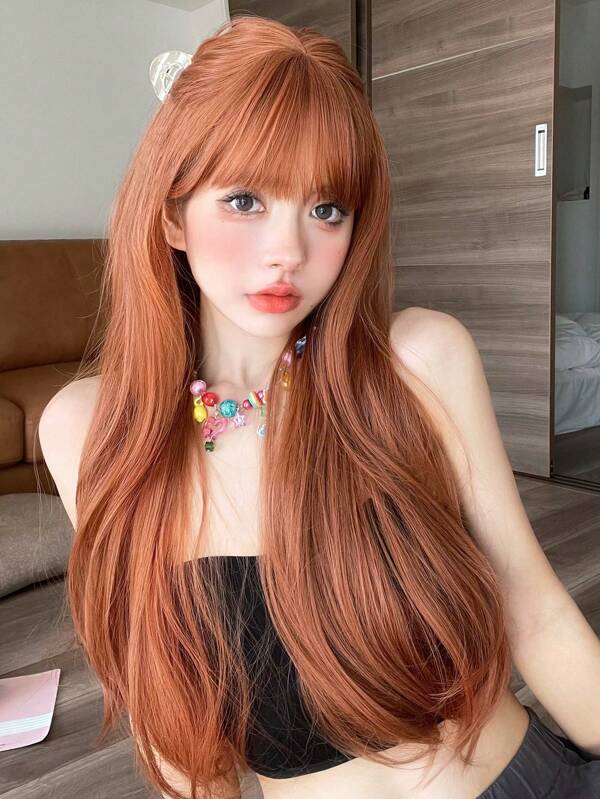 1 Piece Chic Elegant Loose Wave Synthetic Wig For Women.   Heat-Resistant  Wave Hair In Dirty Orange Wig With  Bangs , 26 Inches Long, Made From Fiber, Suitable For Daily Use, Natural Full Appearance With Comfort Rose Net Cap.- Easy Wear & Go