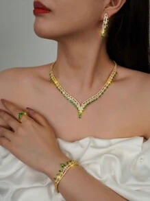 5pcs/Set /European/American Style Jewelry Set Including Zirconia Encrusted Necklaces, Earrings, Rings And Bracelets Suitable For Women's Wedding, Birthday, Holiday Or Party Wear - Gold - View 9