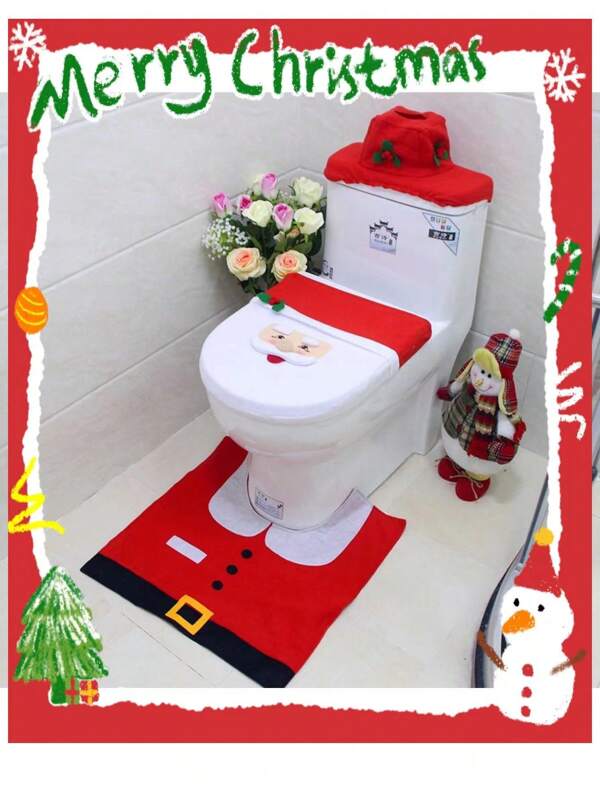 1pc Christmas Items Toilet Decoration Christmas Toilet Three-Piece Toilet Decoration Cartoon Toilet Cover,Christmas Decor,Christmas Gift