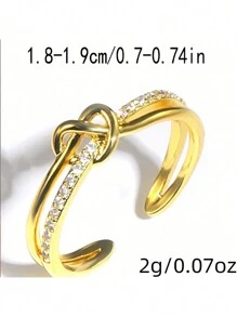 1pc Luxury Copper Gold Color Twisted Criss-Cross Full Rhinestone Ring, For Women Daily,Party,Event - 金色 - 查看 6