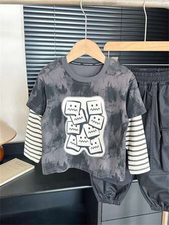 Nowa jesienna dziecięca koszulka z nadrukiem graficznym, chłopięca koszulka casualowa