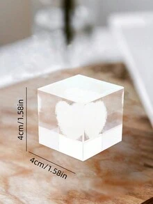 1pc Laser Engraved Crystal Glass Heart Shaped Decorative Cube Figurine - Multicolor - View 2