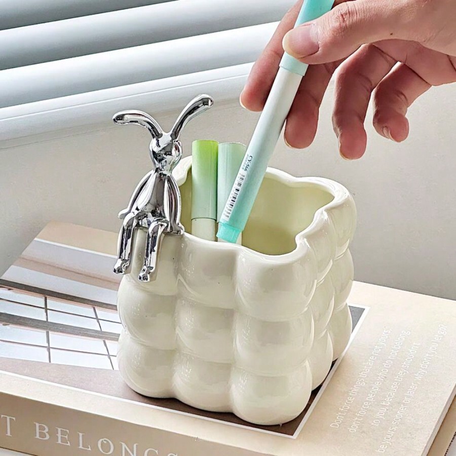 1pc INS Style Ceramic Storage Box, HighQuality Makeup Brush Holder
