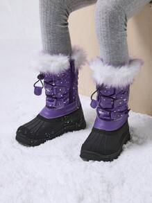 Boys Girls Snow Boots Mid Calf Boots Insulated Waterproof Side Zipper For Christams Gifts - 紫色 - 查看 2