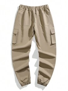 Tween Boy 1pc Casual Loose Fit Elastic Waist Pocket Cargo Pants , Spring & Autumn - Khaki - View 4