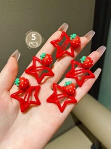 5 piezas Pasadores de cabello de 3 cm con estrella roja y fresa, estilo Y2K, accesorios de cabello minimalistas con estrella para uso diario, escuela y exterior - Sin cartón - Rojo - Ver 8