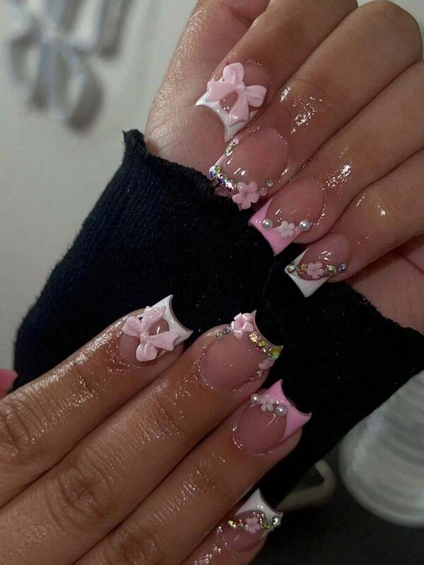 Y2K 24 Pieces Short Square Classic French Fake Nails Cute White Pink French Glitter Flower Design Kawaii Nails Summer Travel Essentials Press On Nails With Jelly Glue 1 Piece Rubbing Strip 1pc