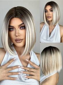 14英寸浅金色带深色发根，中分黑白相间短直发假发，美丽日常女士合成假发，角色扮演白色彩色合成假发，高温丝女士中分直发假发，节日及日常时尚合成假发，编织假发，适合万圣节和圣诞节 - 金色 - 查看 2