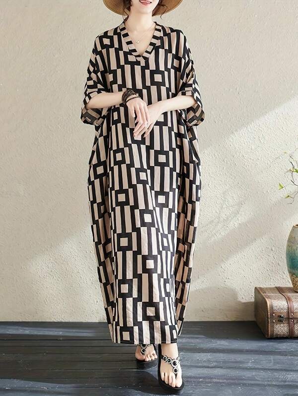 Women's Minimalist Geometric Print V-Neck Long Kaftan Dress, Short Sleeve, Casual Loose Fit With Pockets