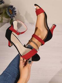 Sandalias elegantes con tobillera para mujer, y tacón de cono alto, sandalias elegantes de tacón alto con contraste de negro y morado