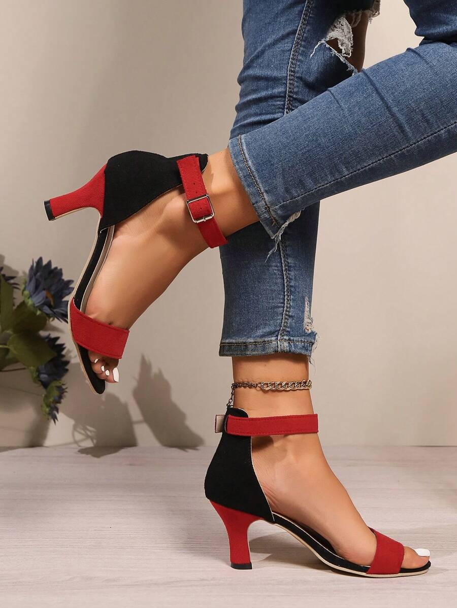 Sandalias elegantes con tobillera para mujer, y tacón de cono alto, sandalias elegantes de tacón alto con contraste de negro y morado