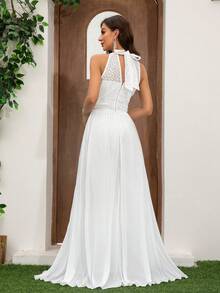 Macaquinho Elegante Feminino com Decote em Lacê, Sem Mangas, Cintura Alta, Pernas Largas, Fitas de Chiffon para Casamento e Outras Roupas, Vestido Branco, Noiva