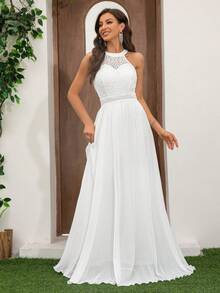 Macaquinho Elegante Feminino com Decote em Lacê, Sem Mangas, Cintura Alta, Pernas Largas, Fitas de Chiffon para Casamento e Outras Roupas, Vestido Branco, Noiva