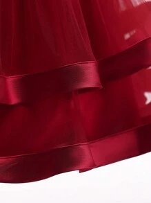 女童纯色蝴蝶结薄纱缎面无袖蓬蓬裙，优雅正式礼服，适合宴会和派对穿着，不含头饰 - 酒紅色 - 查看 7