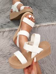 Platform Thick Sole Wedge Sandals Women, High Heel Casual Vacation Lightweight Simple Stepped Travel Holiday Island All Season Adjustable Strap Slip-On Mule Sandals, Beige White