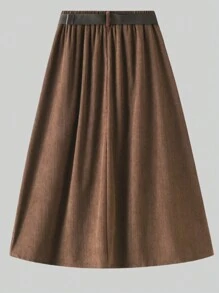 Falda midi de cintura alta para mujer, falda de pana con botones decorativos, forma acampanada, elástica, con bolsillos, estilo vintage - Marrón Chocolate - Ver 4