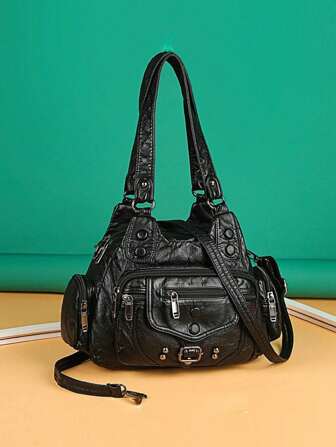 1 件复古女士单肩包手提包斜挎包手提包多功能拉链轻便便携大容量多口袋适合日常通勤包或旅行度假超市节日商务户外纯色 PU 皮革时髦精致优雅时尚休闲适合学生闺蜜女士白领旅行配件黑色