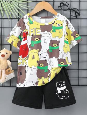 2 件装男童短袖熊印花 T 恤和短裤套装