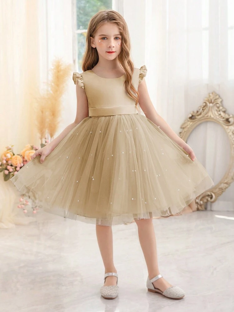 Khaki Cap Sleeve Mesh Elegant Christmas Princess Dress, Suitable For Girls Party Dress, Birthday, Banquet, Makeup Ball, Casual Daily, Musical Instrument Performance, Stage Show, Holiday Celebration - Khaki - View 9