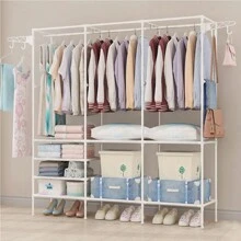 1pc Freestanding Garment Rack With Shoe And Clothing Organizer Shelves - Household Bedroom Clothes Storage Rack With Hooks - Multicolor - View 11
