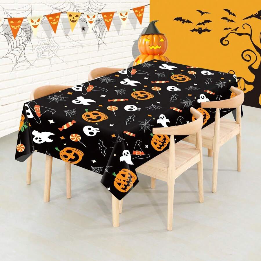 Halloween Pumpkin Ghost Tablecloth,54" X 108" Rectangular Plastic Spider Web Table Cloth Large Size Halloween Table Covers For Home Decor Halloween Party Decorations,Halloween Decor,Home Decor Halloween Party - Multicolor - View 1