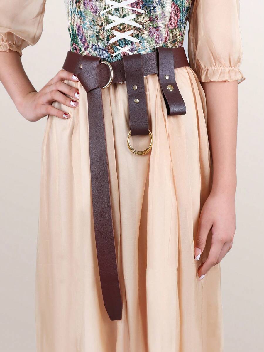 3PCS Black/Brown Medieval Renaissance Belt Skirt Straps Viking Belt Faux Leather Belt Halloween Costume Accessory Prop - A - View 1