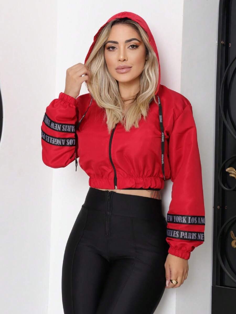 Women's Neon Windbreaker Jacket Coat Tactel Hat Promotion - Maroon - View 1
