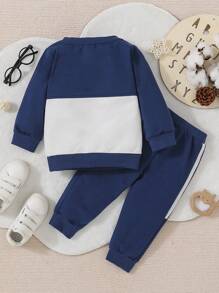 Baby Boy's Colorblock Long Sleeve Top And Pants 2pcs Outfit, Fall/Winter - Blue - View 2