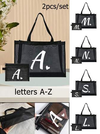 2 sztuki/zestaw Love Print Initial A-Z Mesh Beach Bag Handbag, z przezroczystą siateczkową torbą kosmetyczną do przechowywania, czarna siatkowa torba, torba plażowa w kształcie serca, składana torebka plażowa do pływania, siatkowa torebka plażowa damska torebka na ramię, wielofunkcyjna torba podróżna, torba do przechowywania produktów do pielęgnacji skóry, torba do prania i makijażu, torba na artykuły piśmiennicze dla uczniów, siatkowa torba z zamkiem błyskawicznym, torba do przechowywania opakowań kosmetycznych, prosta i ekskluzywna, przechowywanie akcesoriów, odpowiednia do przechowywania w akademiku, podróż służbowa, pływanie, przechowywanie w domu, odpowiednia do przechowywania i zakupów na wakacjach na plaży, duża pojemność torby, prezent na dzień matki dla mamy, odpowiednia dla mężczyzn i kobiet, par, codziennego użytku, data, urodziny, festiwal, powrót do szkoły, lato, wakacje, plaża, podróż, dojazdy do pracy, biznes, studenci, pikniki, kemping, supermarket, codzienne przechowyw