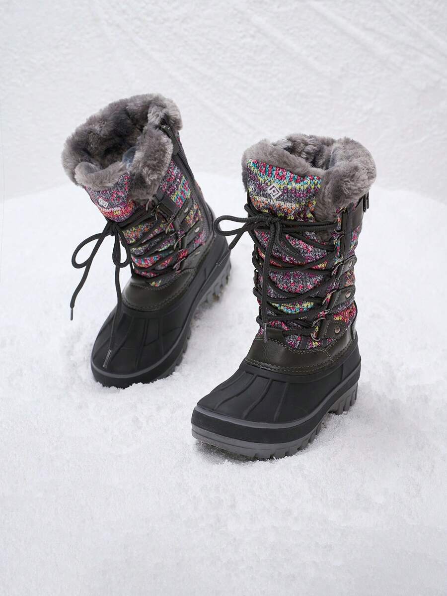 Kids Snow Boots, Waterproof Insulated Mid Calf Winter Boots With Black Faux Fur Lining For Boys And Girls - Xám - Xem 1