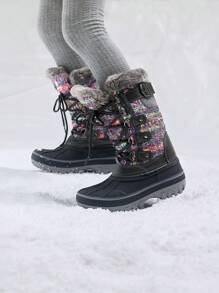 Kids Snow Boots, Waterproof Insulated Mid Calf Winter Boots With Black Faux Fur Lining For Boys And Girls - Xám - Xem 3