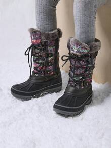 Kids Snow Boots, Waterproof Insulated Mid Calf Winter Boots With Black Faux Fur Lining For Boys And Girls - Xám - Xem 2