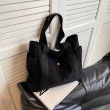 Women Corduroy Tote Bag With Multiple Pockets, Foldable Shoulder Handbag For Students, Office, Travel Shopping - Black - View 1