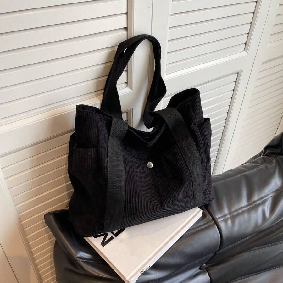 Women Corduroy Tote Bag With Multiple Pockets, Foldable Shoulder Handbag For Students, Office, Travel Shopping - Black - View 1