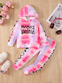 Bộ đồ hoodie và quần jogger in họa tiết tie-dye + họa tiết da báo + in chữ cho bé gái, 2 món - Hồng - Xem 1