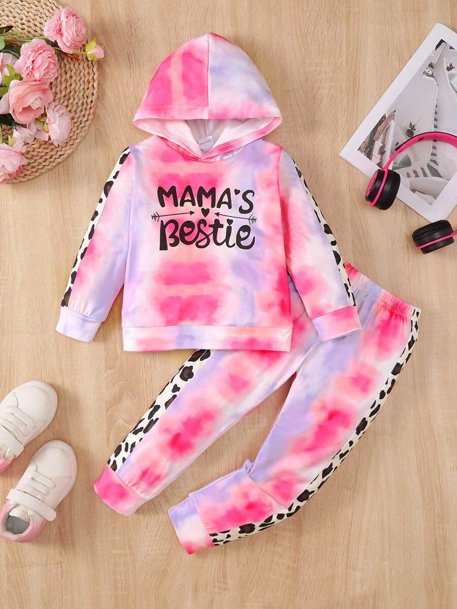 Bộ đồ hoodie và quần jogger in họa tiết tie-dye + họa tiết da báo + in chữ cho bé gái, 2 món - Hồng - Xem 1