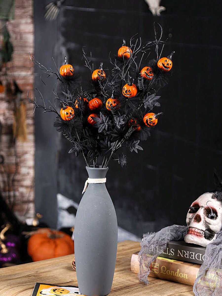 1pc Halloween Decorations, 18.5Inch Artificial Pumpkin Maple Leaf Floral Stems Halloween Branches Decoration, For Home Indoor Party Vase Arrangement Decor