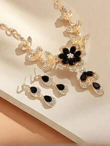 3 piezas/SET Collar de flor con flecos de cristal negro de lujo, aretes, elegante Set de joyas para fiesta y banquete para mujeres - conjunto de collar - Ver 2