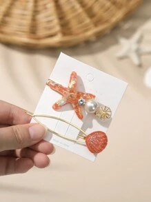 2pcs Bohemian Shell & Starfish Shaped Hair Clips For Daily And Beach Vacation Use - Multicolor - View 19