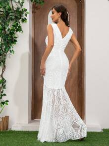 女士无袖V领蕾丝高腰鱼尾及地婚纱，优雅白色新娘礼服 - 白色 - 查看 2