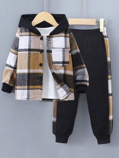 2pcs Young Boy Long Sleeve Hooded Plaid Print Shirt + Plaid Patchwork Pants Set