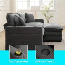 82.7" Cloud Couch Sectional Sofa, Modern 3 Seat L Shaped Couch With Ottoman & Cup Holder & USB Ports, Upholstered Corduroy Couch Comfy Couches For Living Room, Apartment - 灰色 - 查看 5