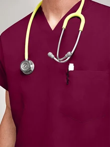 2pcs/Set Men's Solid Color Work Uniforms, Men's V-Neck Short Sleeve Top With Pockets And Long Pants Set - Burgundy - View 6