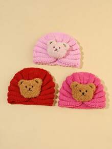 3 件装婴儿卡通针织帽，婴儿保暖户外冬季帽，带熊装饰