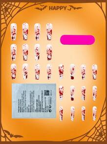 万圣节风格 24 件长棺材形光泽假指甲套装，采用血浆设计，经典法式尖头图案指甲用品和 DIY 万圣节主题假指甲，包括 1 个指甲锉和 1 个双面胶带，非常适合女士和女孩在节日期间用美甲装饰指甲 - 彩色 - 查看 2