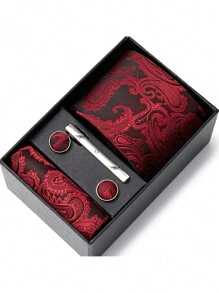 AlanKing 1 Set Of Men's Business Formal Tie With Matching Pocket Square And Cufflinks, Burgundy Paisley Men Necktie